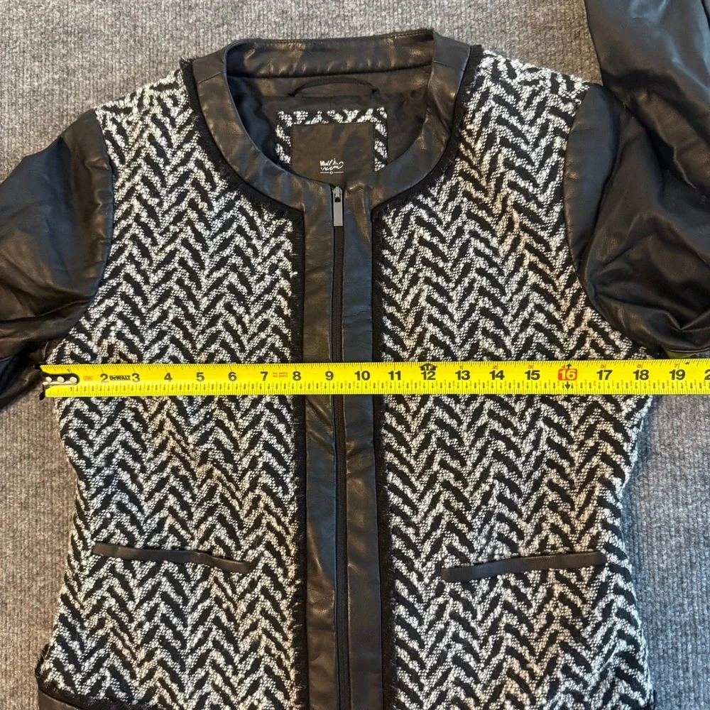 Mossimo Womens Black White Herringbone Tweed Faux Leather Zip Lined Jacket Sz M‎